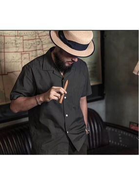 Bronson Classic Panama Short Sleeved Shirt Men Cuban Collar Pocket Camp Shirts M